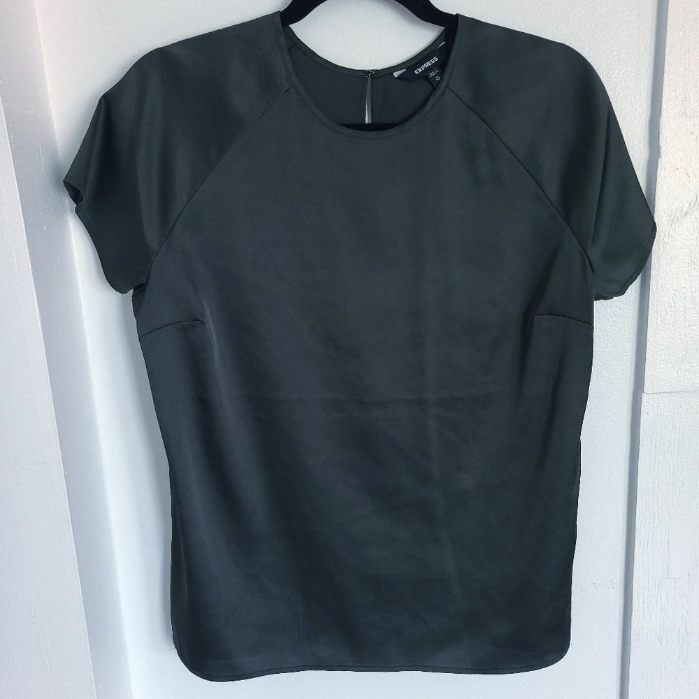 Express Satin Crew Neck Tee with Keyhole Back Accent